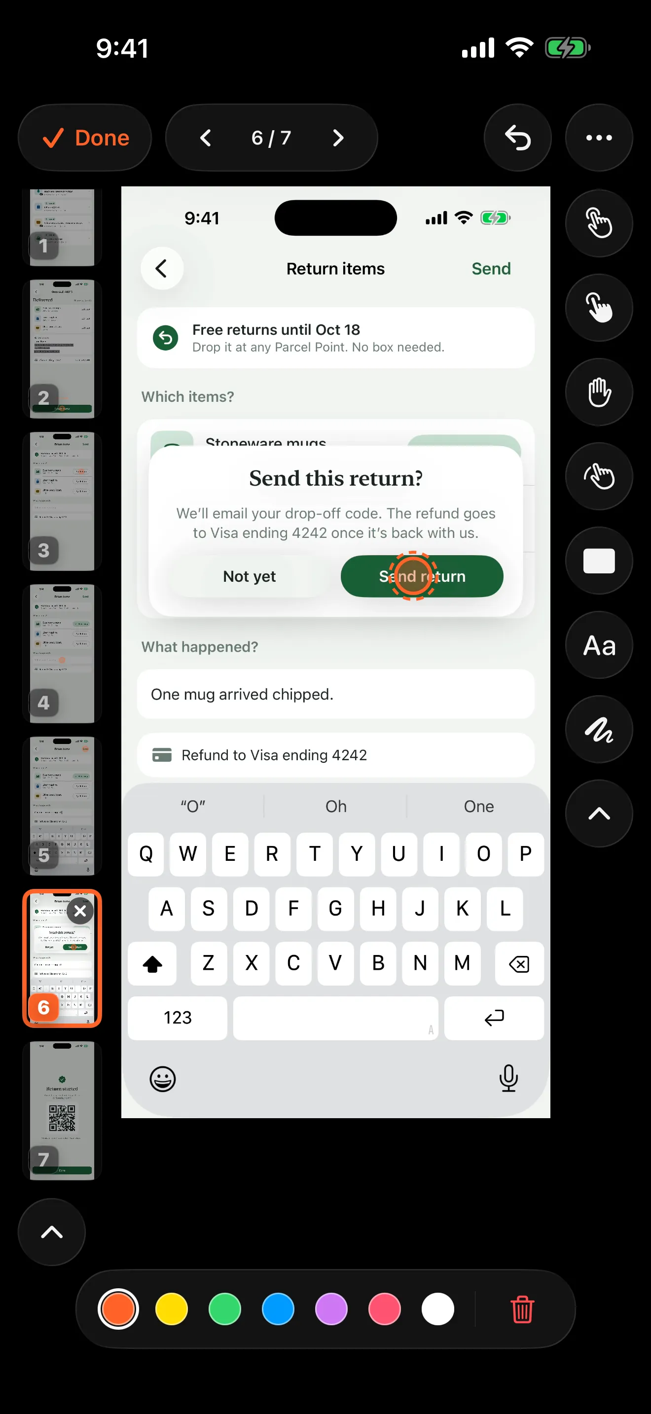 Step 6 of 7 in Walkthru's editor: a “Send this return?” card with a tap marker on Send return.