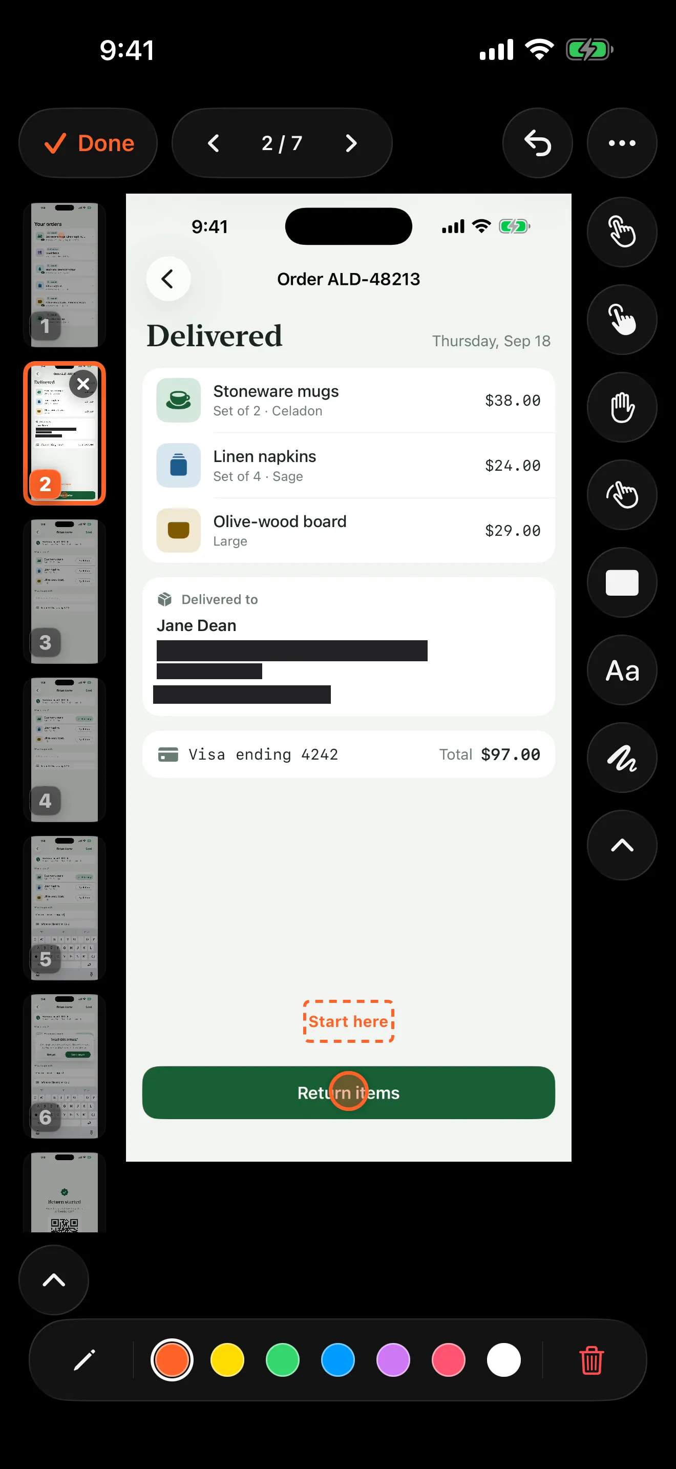Step 2 of 7 in Walkthru's editor: the customer's address, phone and email covered by solid black bars, a “Start here” text label, and a tap marker on the Return items button.