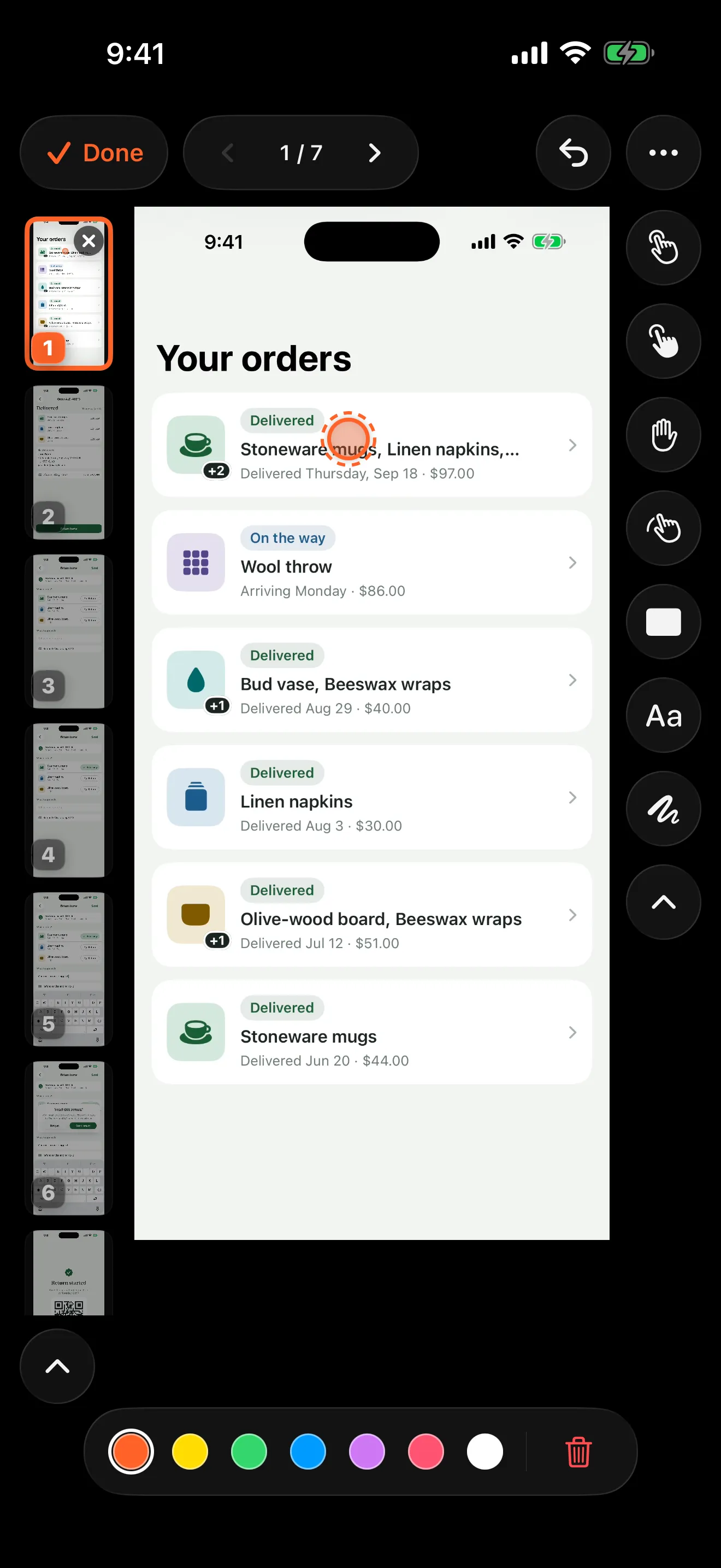 Walkthru's step editor on step 1 of 7: numbered step thumbnails down the left, gesture and annotation tools down the right, and the orders screen in the middle with a coral tap marker on the first order.