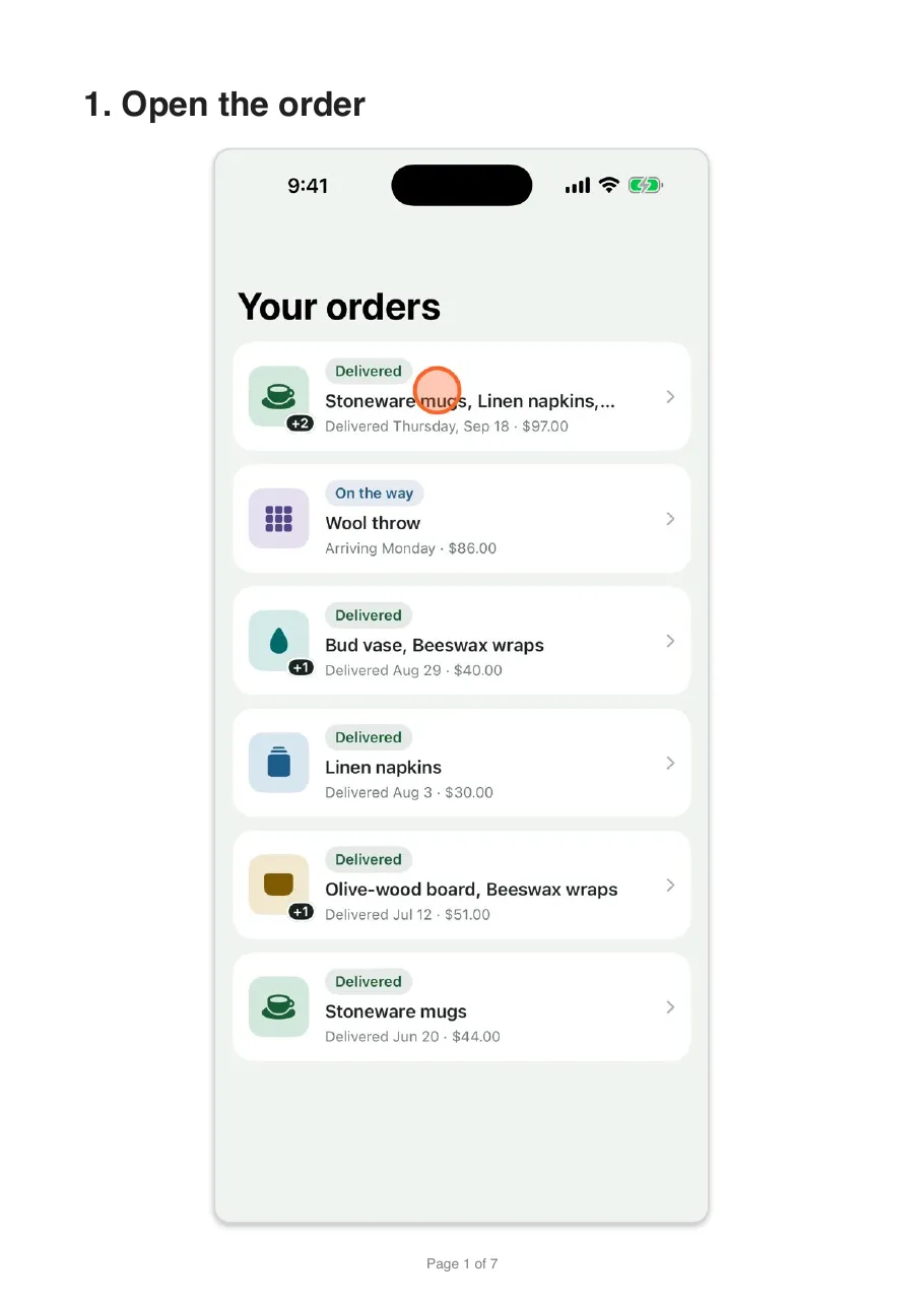 Page 1 of the exported PDF: “1. Open the order”, with the orders screenshot and its tap marker.