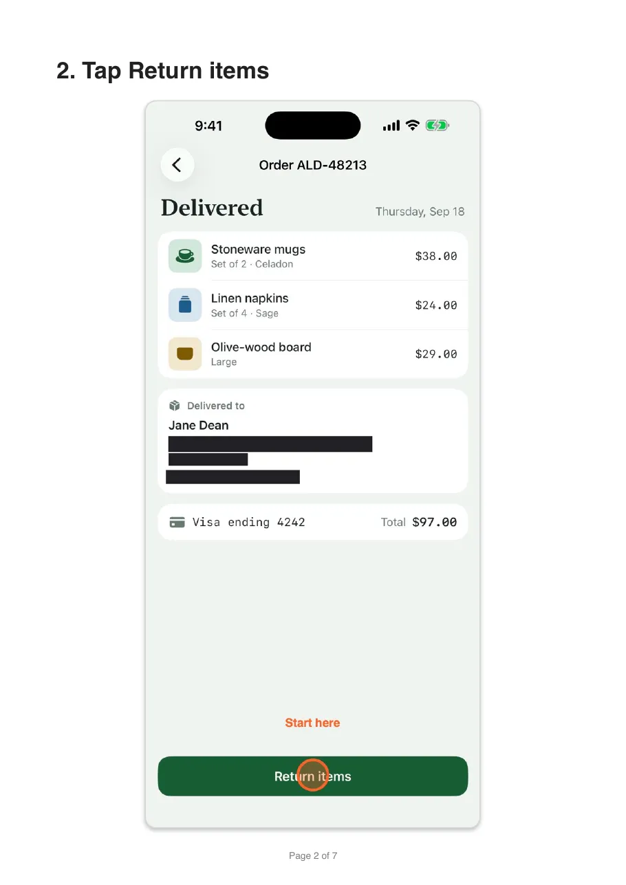 Page 2 of the exported PDF: “2. Tap Return items”, with the order screenshot, its redactions, the Start here label and the tap marker.