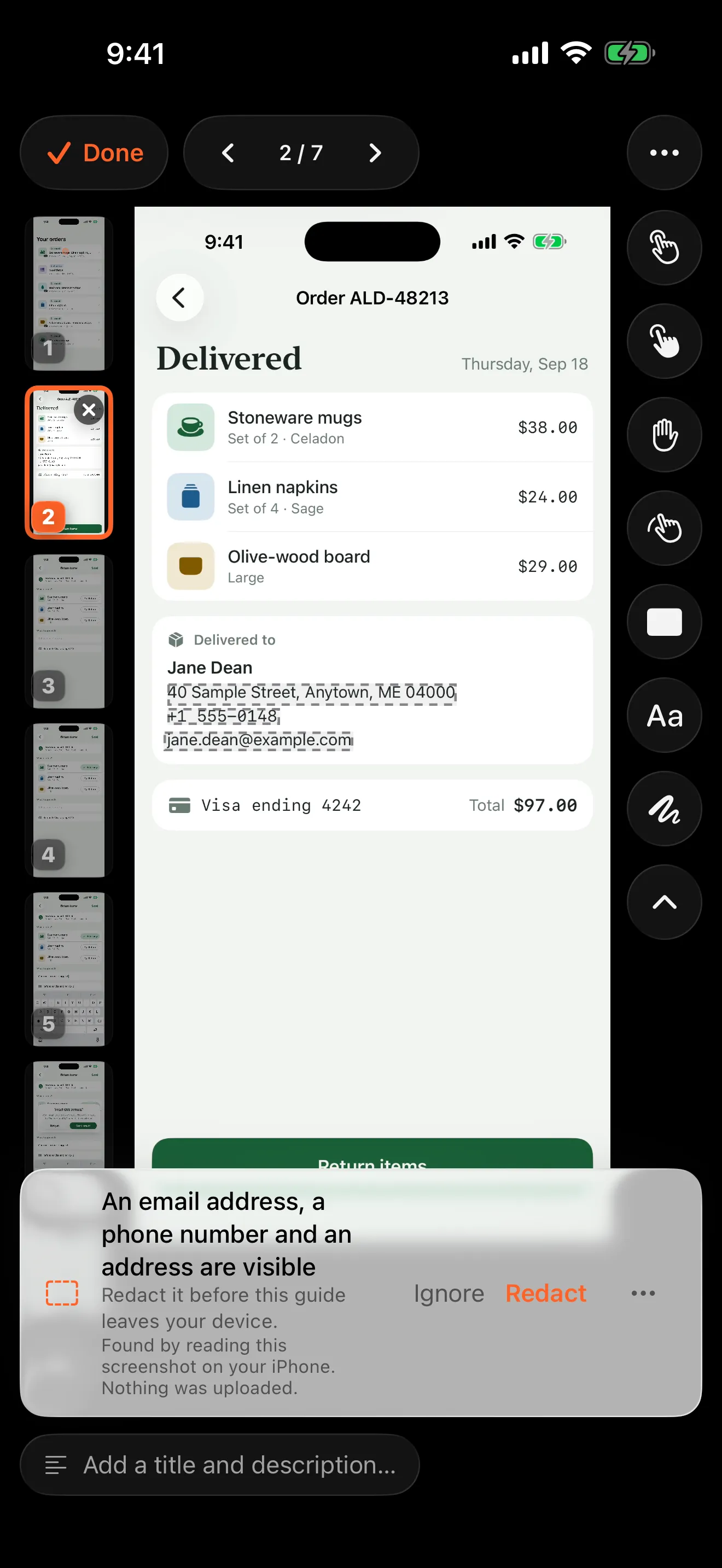 Walkthru's editor on step 2: the delivery address, phone number and email outlined, and a card reading: an email address, a phone number and an address are visible. Redact it before this guide leaves your device.