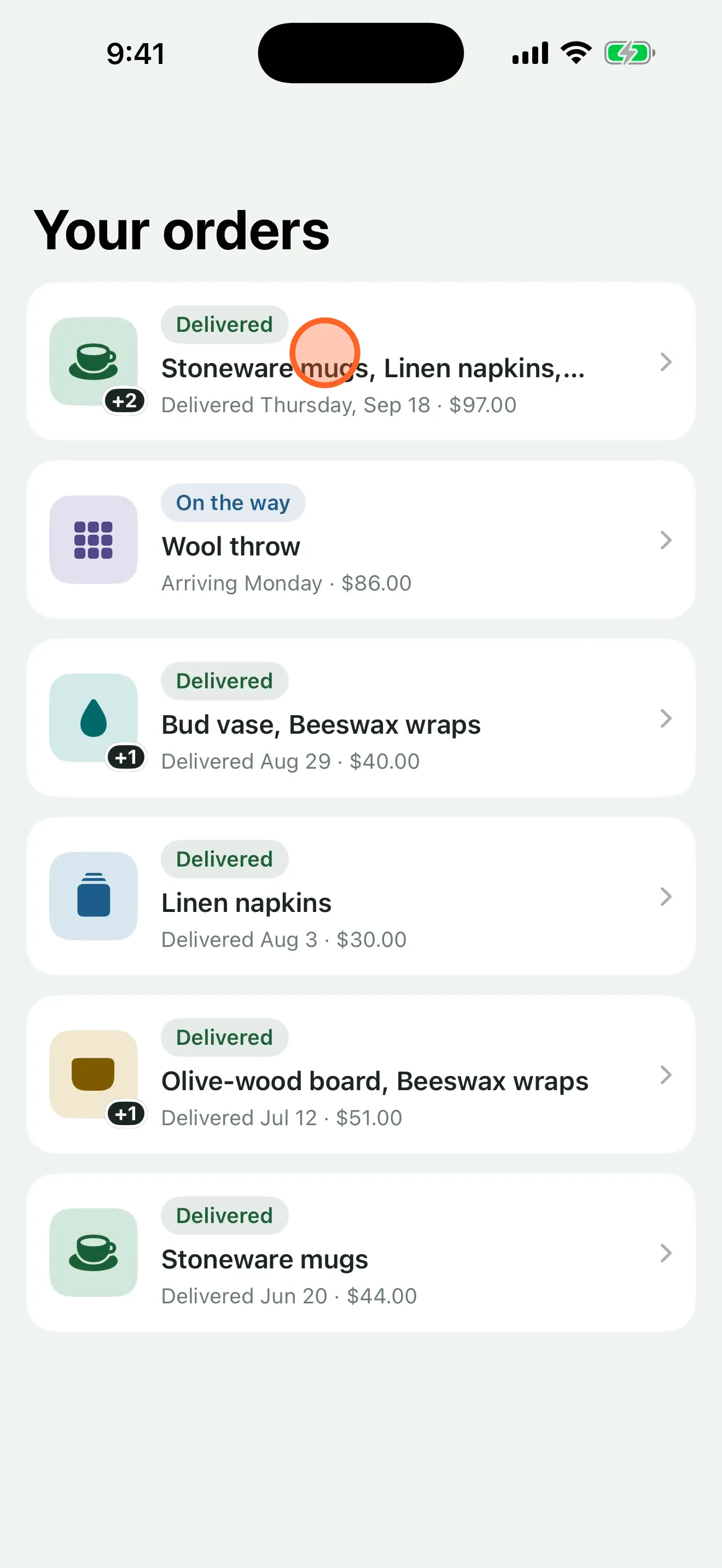 Step 1 of the finished guide: a list of orders, with a tap marker on the delivered order.