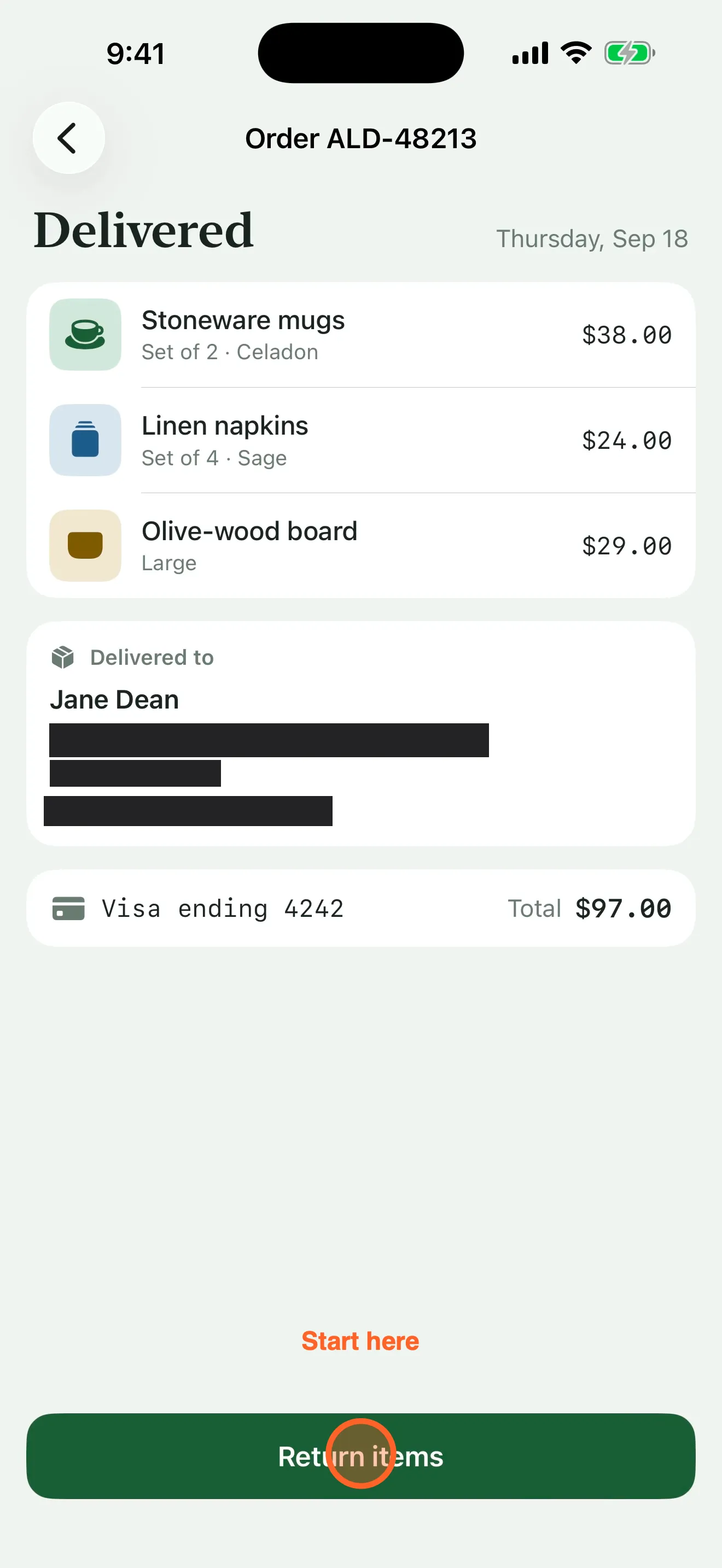 Step 2: the order’s details, with the delivery address, phone number and email covered by solid black redactions, a “Start here” label and a tap marker on the Return items button.