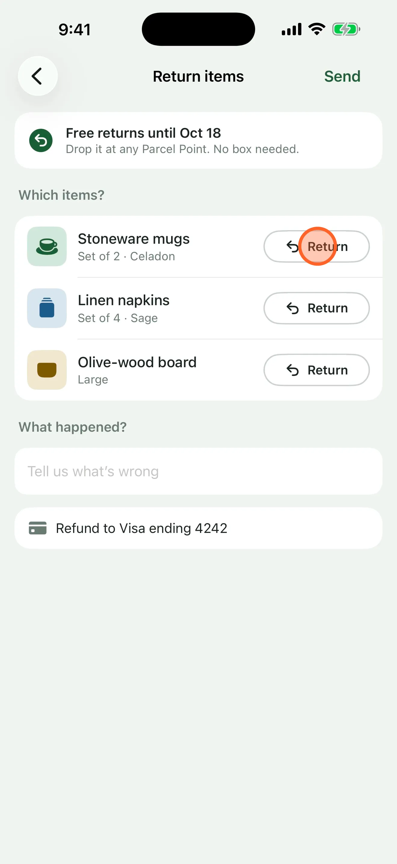Step 3: the return form listing three items, with a tap marker on the Return button beside the stoneware mugs.
