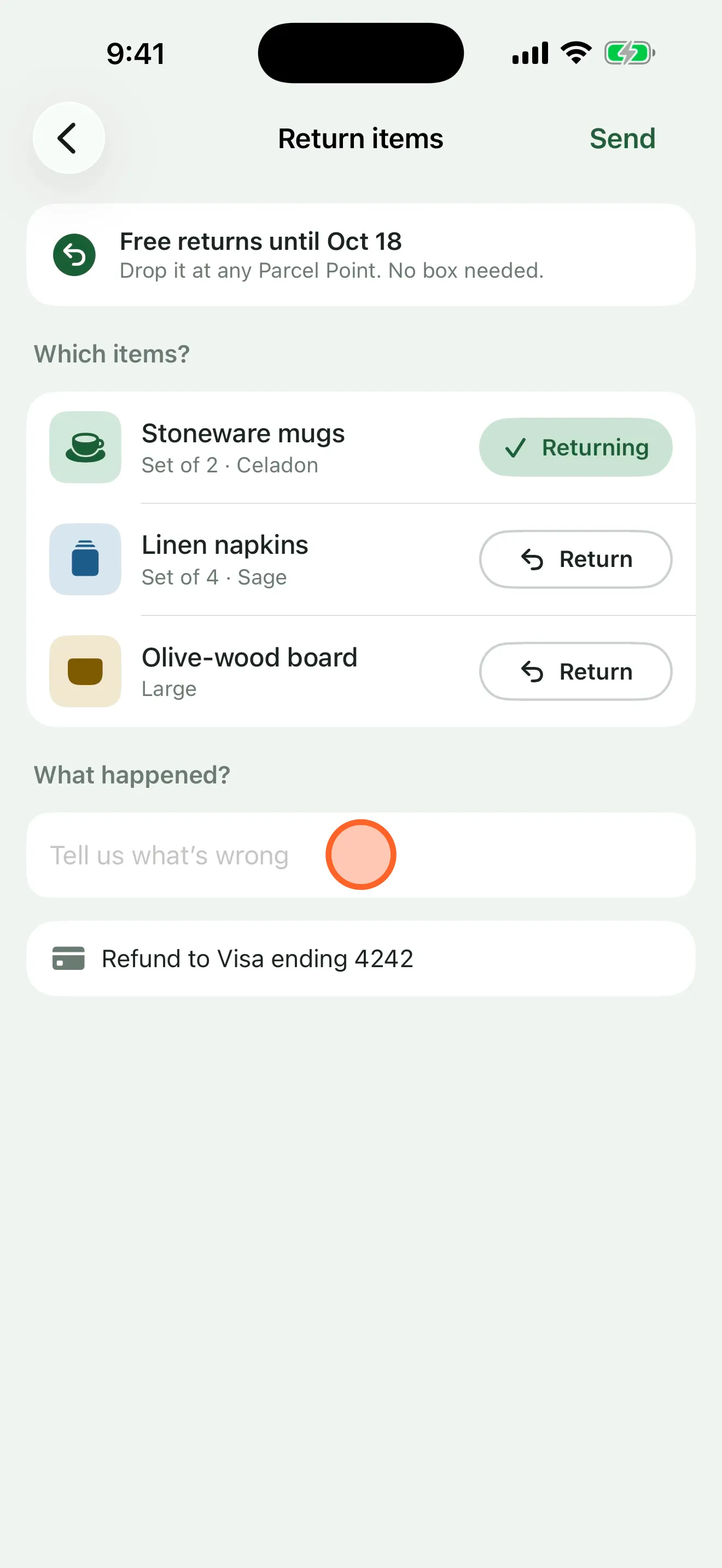Step 4: the mugs marked as returning, with a tap marker on the empty “Tell us what’s wrong” field.