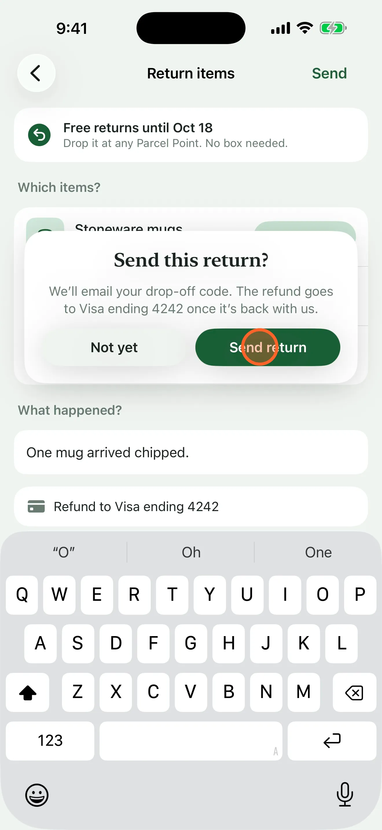 Step 6: a card asking “Send this return?”, with a tap marker on Send return.