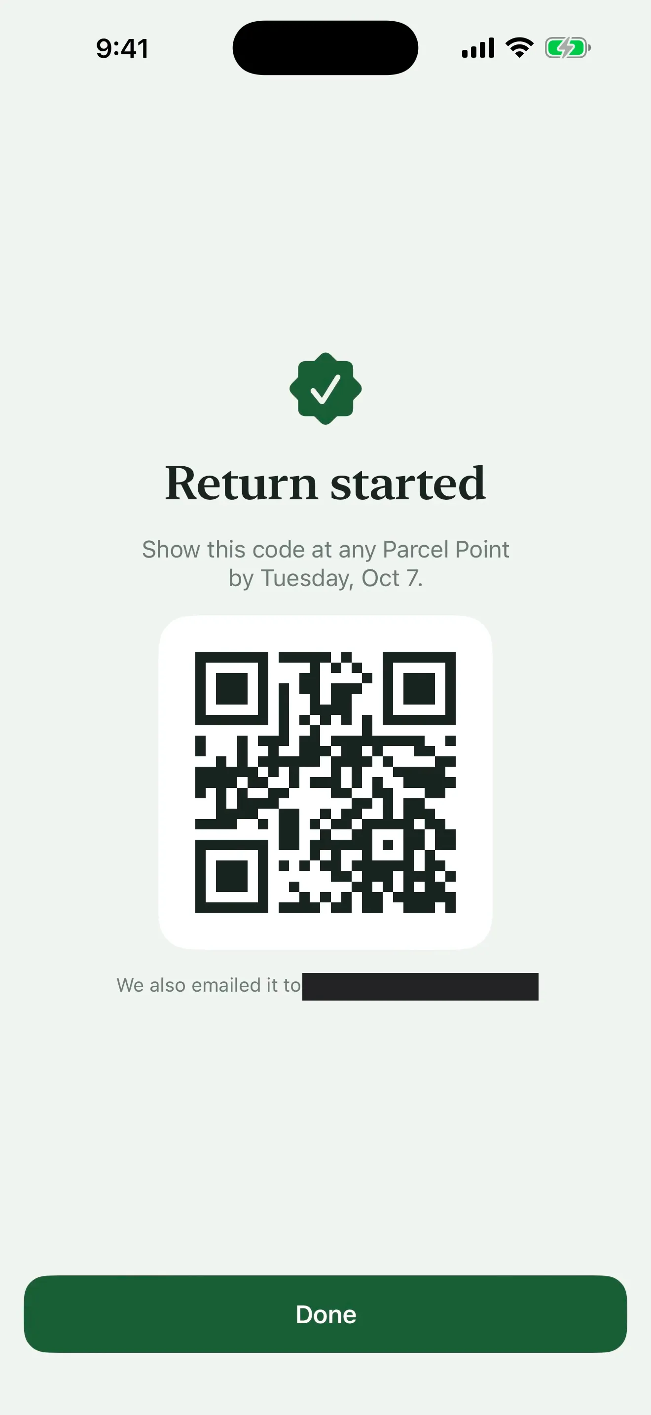 Step 7: “Return started” with a drop-off QR code, and the email address it was sent to covered by a redaction.