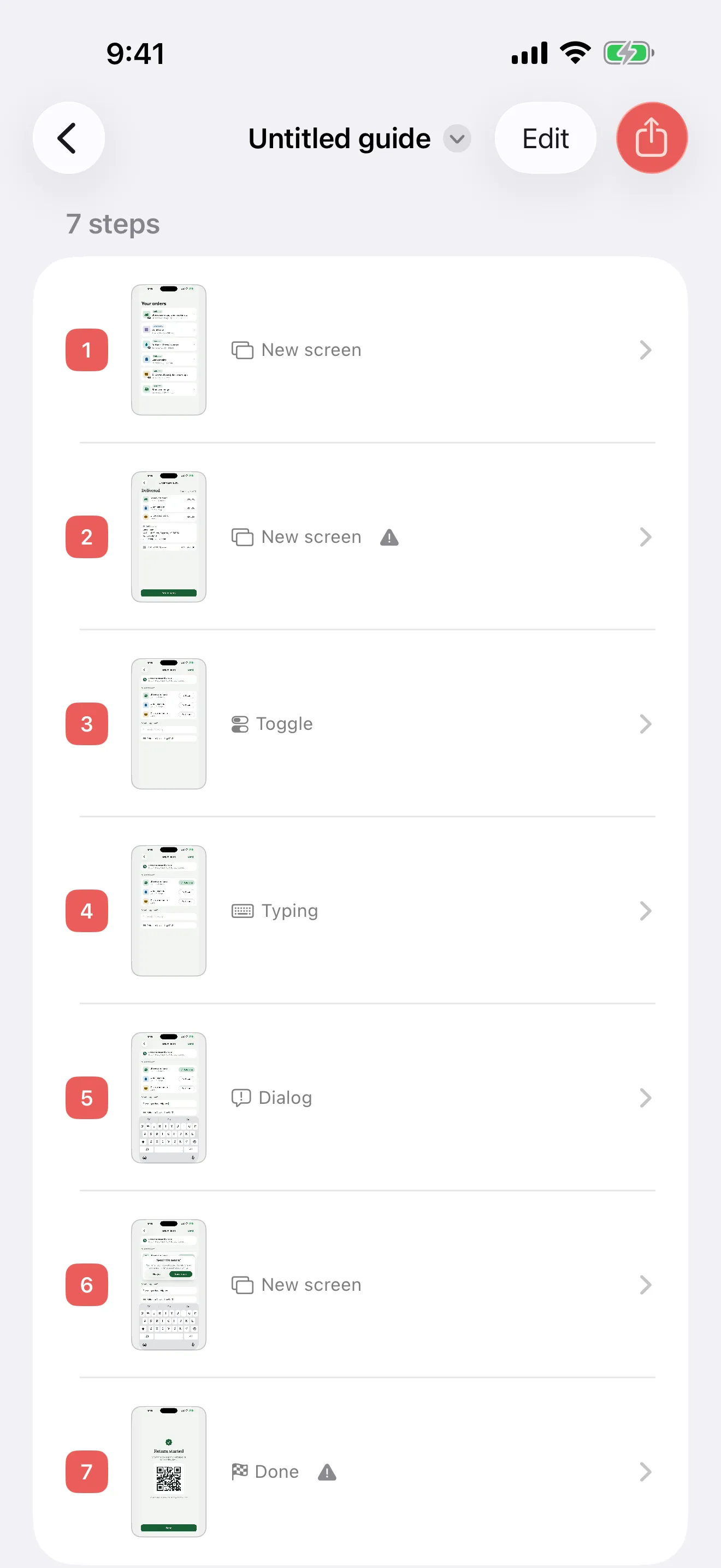Walkthru's new guide: 7 steps, each with its number, a thumbnail of the screen, and a label — New screen, New screen, Toggle, Typing, Dialog, New screen, Done.