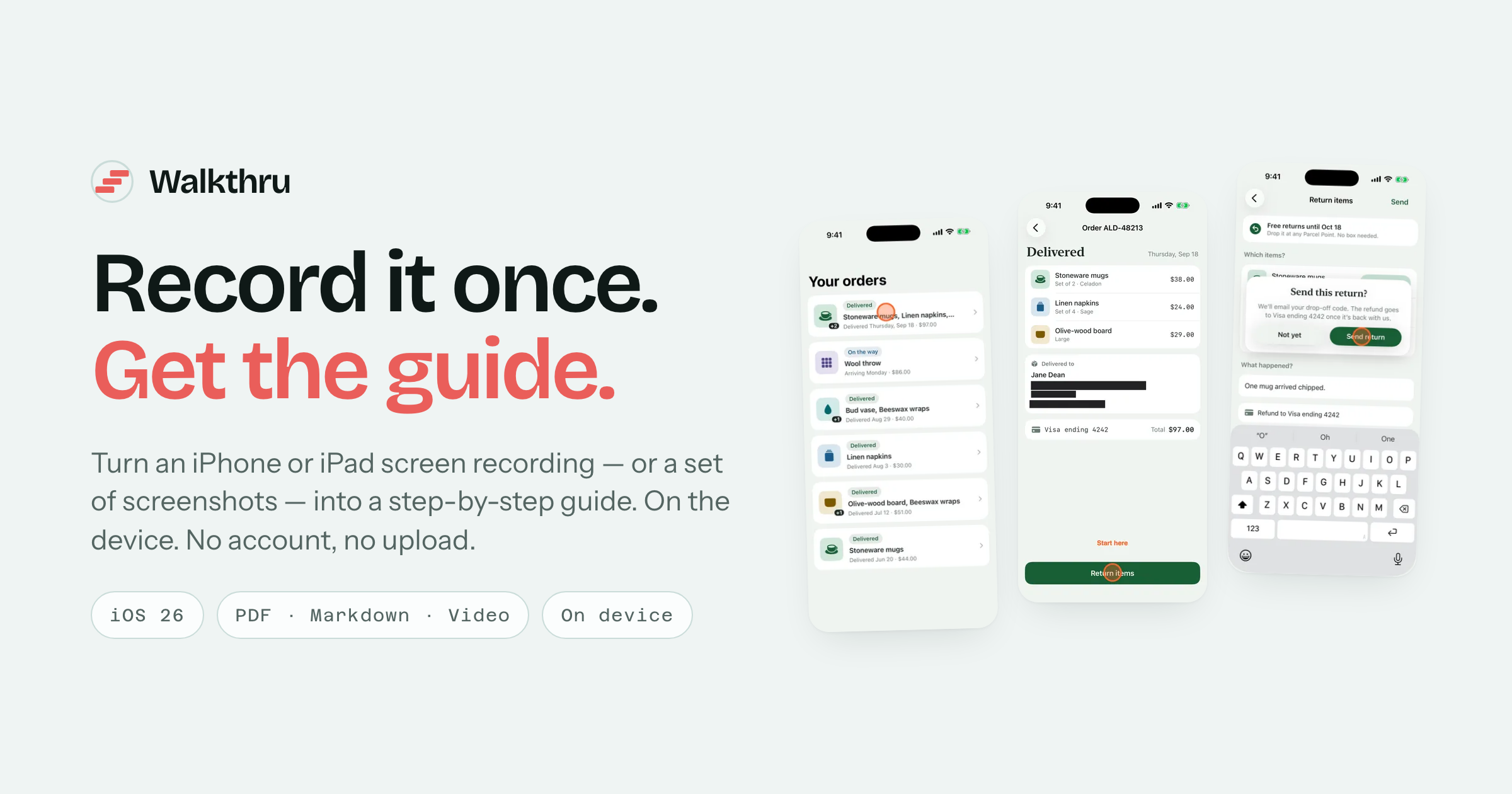 The Walkthru social card: the headline “Record it once. Walkthru finds the steps.” beside three annotated screen frames.